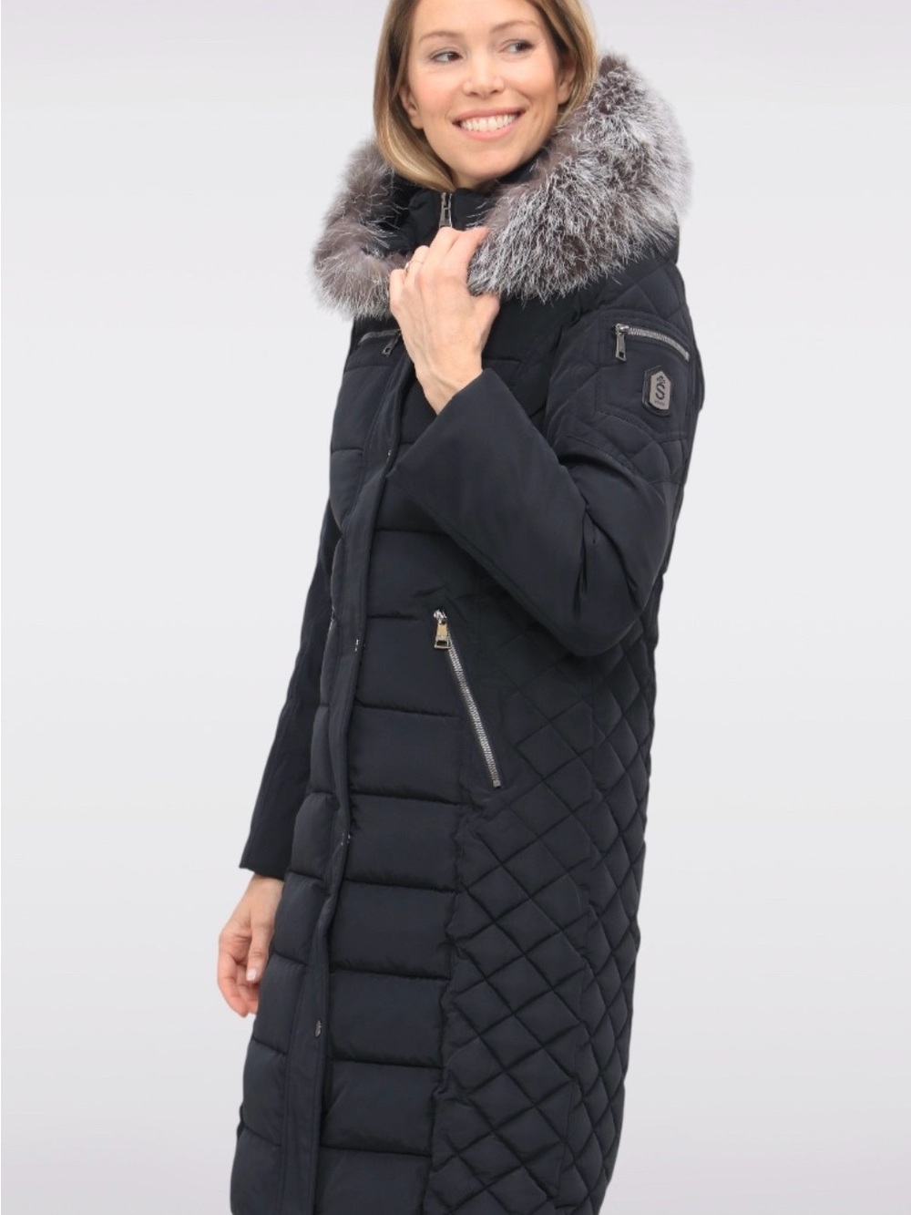 Long Black Quilted Puffer Coat with Faux-Fur Hood
